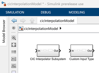cicInterpolationModel model containing the CIC Interpolator Subsystem and Custom Input Type blocks