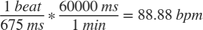 $$\frac{1 \: beat}{675 \: ms} * \frac{60000 \: ms}{1 \: min} = 88.88 \: bpm$$