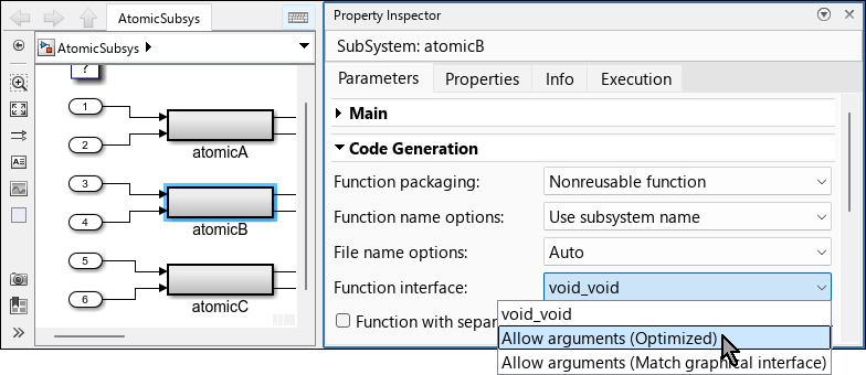 Subsystem block atomicB selected in the Simulink editor. In the Code Generation section of the Property Inspector, the mouse is selecting the value Allow arguments (Optimized) for the Function interface parameter.