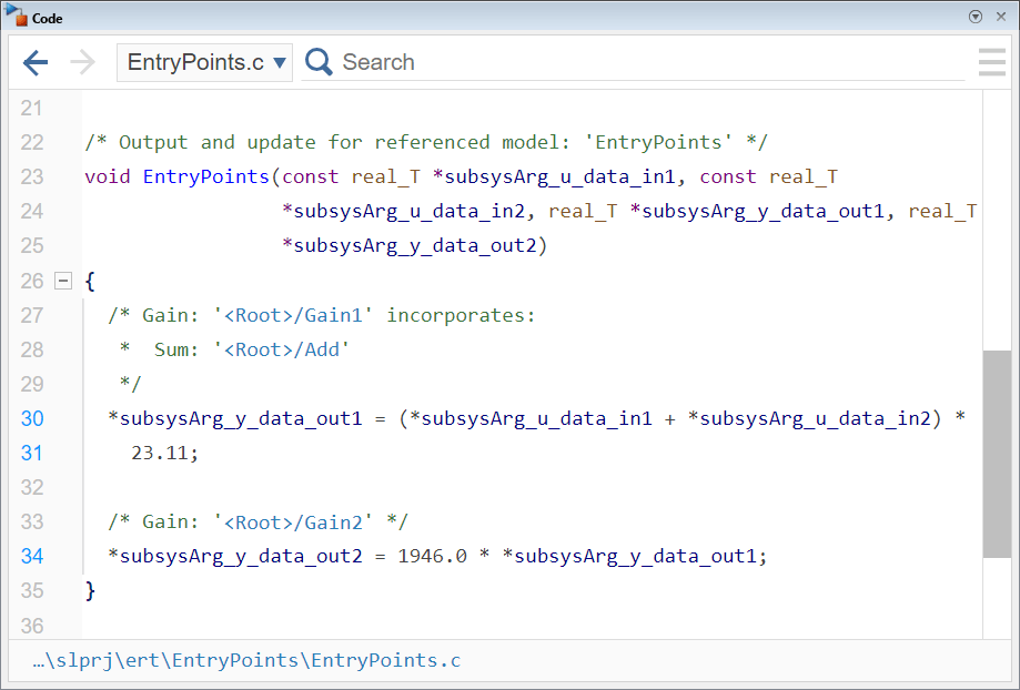 Code pane showing the definition of the step function in the source code file EntryPoints.c.