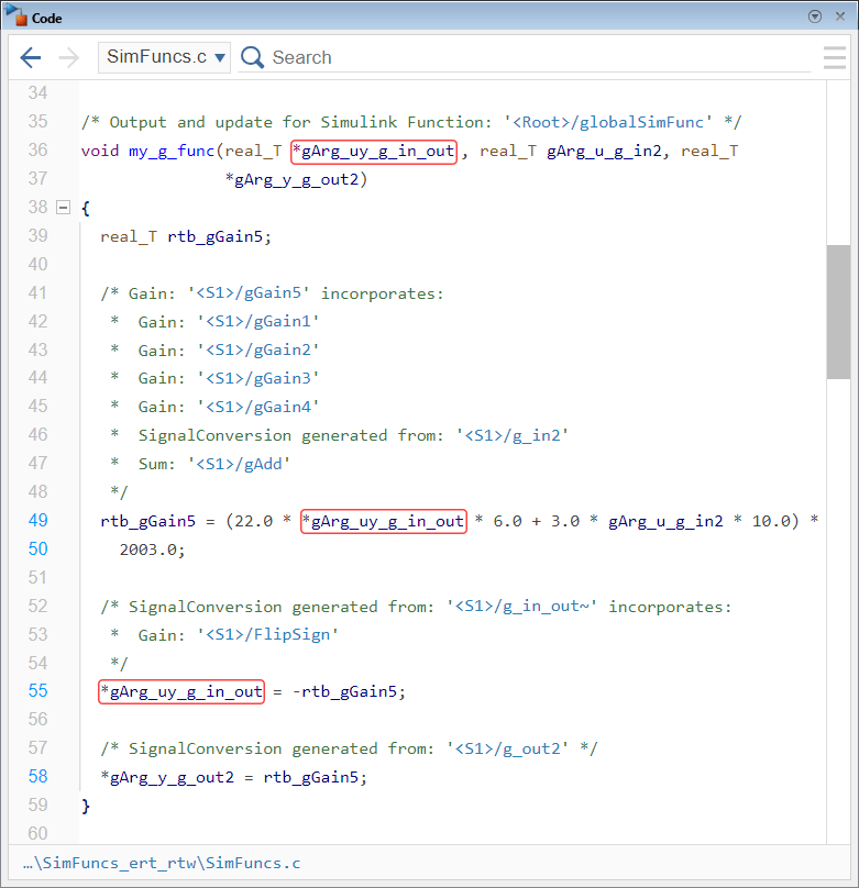 Code pane showing the definition of the generated function. The prototype is void my_g_func(real_T *gArg_uy_g_in_out, real_T gArg_u_g_in2, real_T *gArg_y_g_out2). The argument gArg_uy_g_in_out is highlighted in the function prototype and twice in the function body, where it is being used.