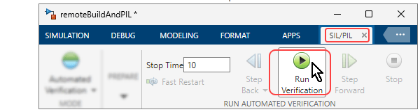 The Sil/Pil tab is selected in the Simulink editor toolstrip, and the Run Verification button is being clicked by the mouse cursor.