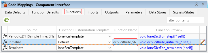 Code Mappings editor with the Functions tab selected. The Function Name value of the Initialize entry is explicitRule_$N.