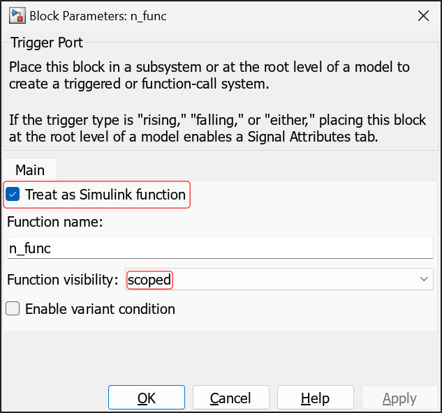 Block Parameters dialog box of n_func. The Treat as Simulink function checkbox is selected. The Function visibility is specified as scoped.