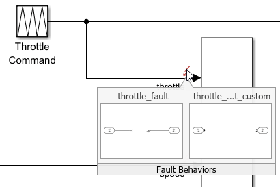 The cursor points to the fault badge on the throttle signal. The preview windows below the fault badge display two previews. One preview corresponds to the throttle_fault fault, and the other corresponds to the custom fault behavior you just added.