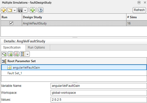 View of the fault sensitivity study shown in the Multiple Simulations pane. The design study adjusts the value of the gain in the fault behavior by using a vector.