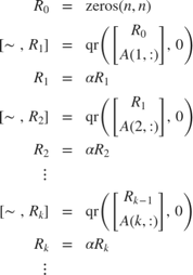 $$
\begin{array}{rcl}
R_0 &=& \mbox{zeros}(n,n)\\[2ex]
[\sim\;,\;R_1] &=& \mbox{qr}\left(\left[\begin{array}{c}R_0\\
A(1,:)\end{array}\right],\; 0\right)\\
R_1 &=& \alpha R_1\\[4ex]
[\sim\;,\;R_2] &=& \mbox{qr}\left(\left[\begin{array}{c}R_1\\
A(2,:)\end{array}\right],\; 0\right)\\
R_2 &=& \alpha R_2\\[4ex]
\vdots\\[4ex]
[\sim\;,\;R_k] &=& \mbox{qr}\left(\left[\begin{array}{c}R_{k-1}\\
A(k,:)\end{array}\right],\; 0\right)\\
R_k &=& \alpha R_k\\[4ex]
\vdots\\[4ex]
\end{array}
$$