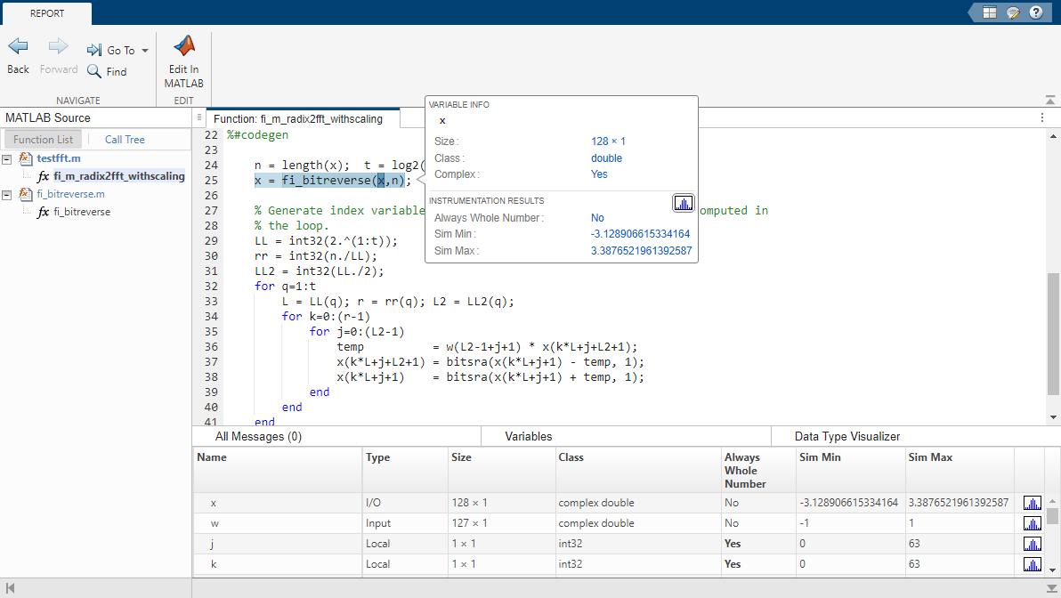 The Instrumentation Report Viewer displays the generated code. The variable x is highlighted and displays details about the variable including the simulation minimum and maximum.