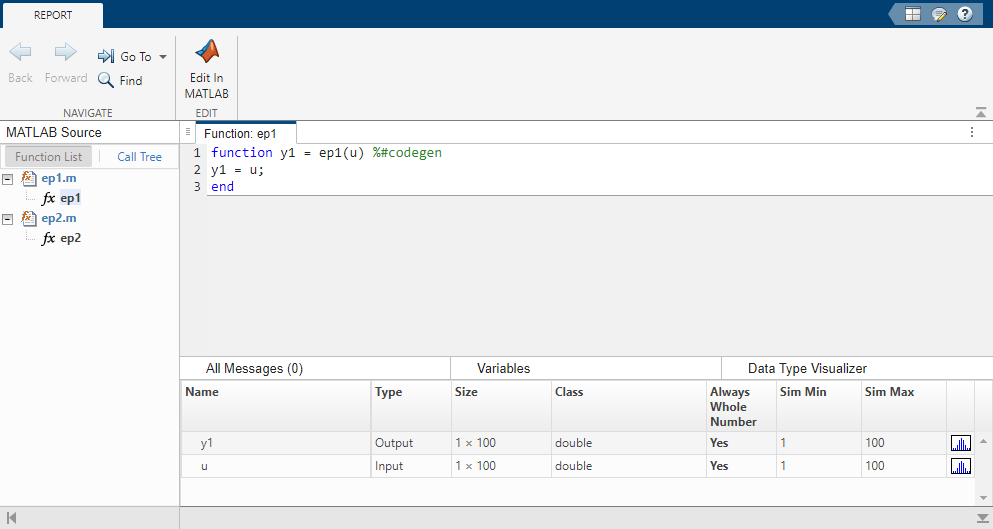 The Instrumentation Report Viewer displays the function ep1.