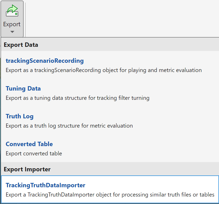 Export menu with TrackingTruthDataImporter option selected