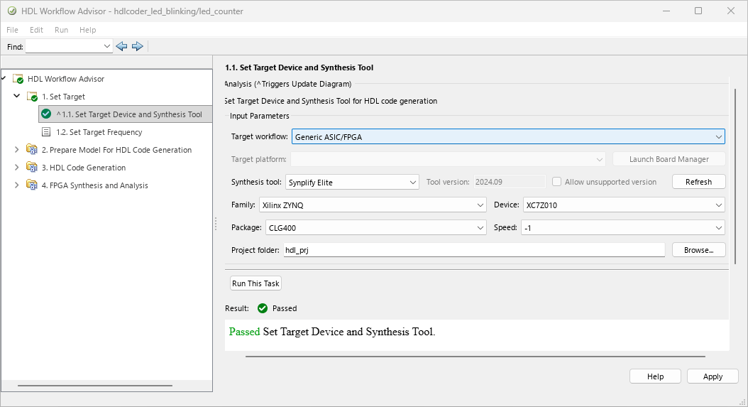 HDL Workflow Advisor task 1.1 selecting Synplfy Elite synthesis tool and Xilinx Zynq FPGA family