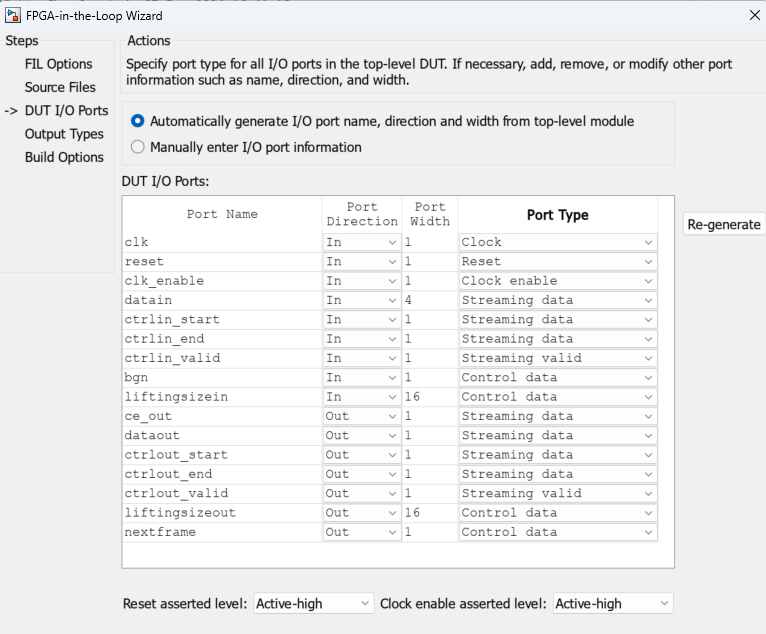 FPGA-in-the-Loop Wizard open on the DUT I/O Ports pane, with the Automatically generate I/O port name, direction and width from top-level module parameter selected. The bgn, liftingsizein, liftingsizeout, and nextframe ports set to the Control data port type, different from the default settings.