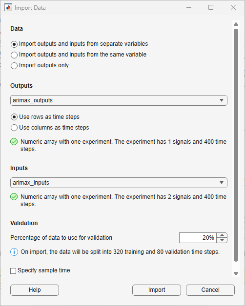 Import data dialog box