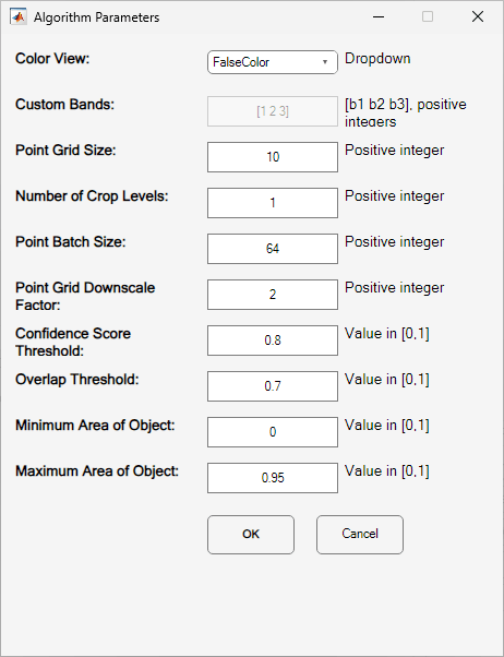 Settings dialog box with chosen parameters.
