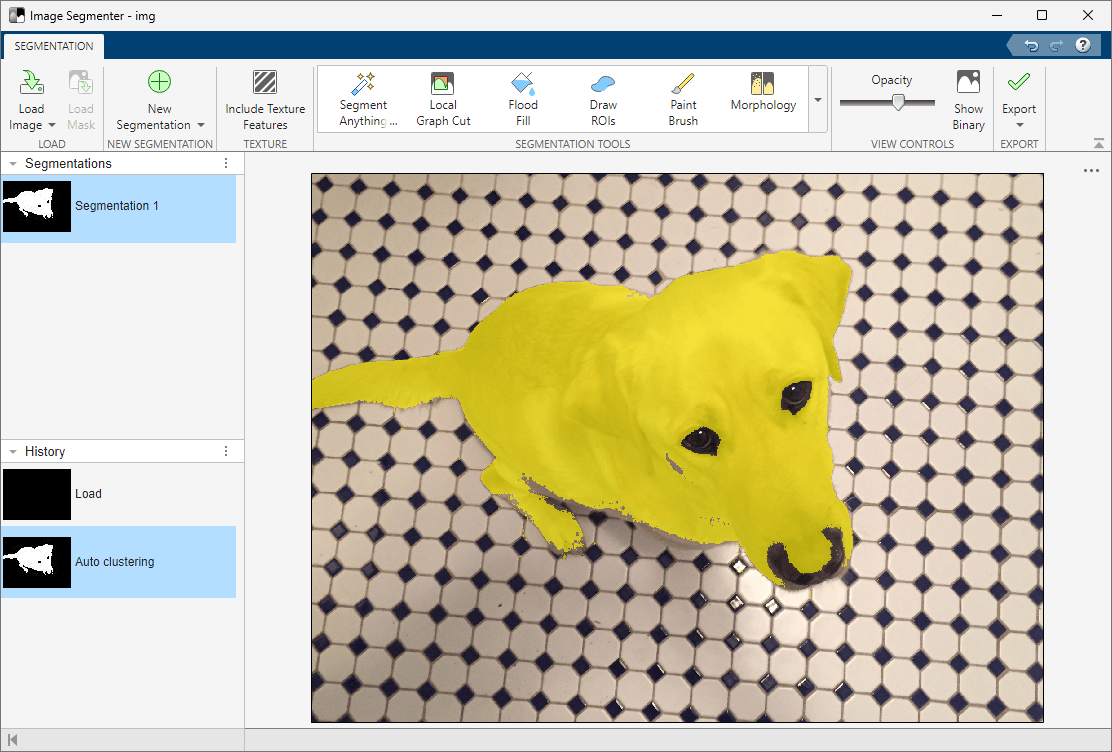 Partially incorrect segmentation of the dog photo using Auto Cluster