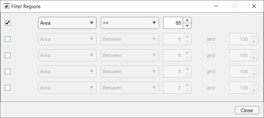 Filter Regions dialog box with a single specified filter criteria, of area greater than or equal to 85 pixels.