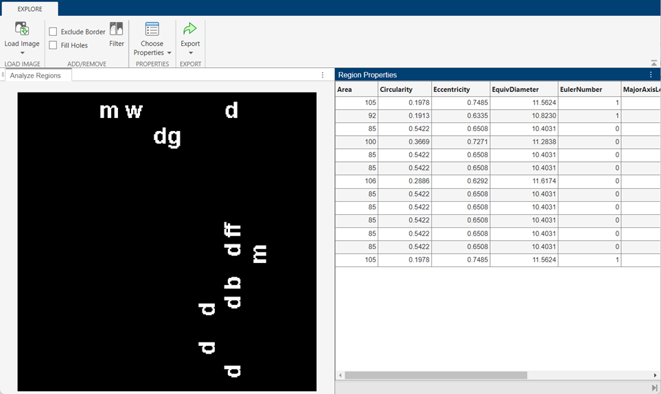 Only regions that meet the filter criteria appear in the binary image and the table of region properties.