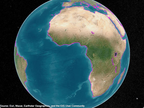 A globe with a magenta line along coastlines. The line is visible over the basemap.
