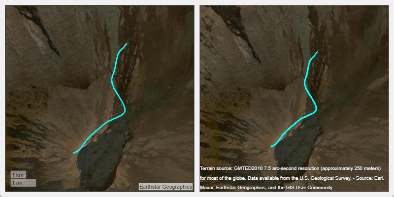 2-D map and 3-D globe showing flight line plotted over satellite imagery