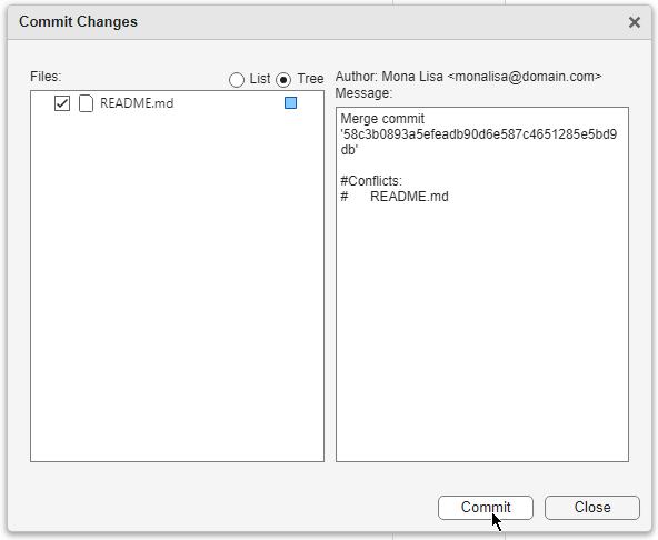 Commit dialog with an autogenerated merge commit message and one modified file to commit