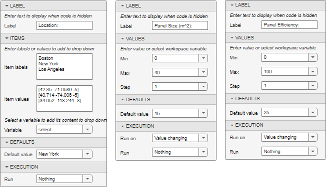 Configuration windows for the drop-down list and the two sliders