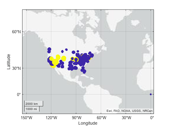 Figure contains an axes object with type geoaxes. The geoaxes object contains an object of type scatter.