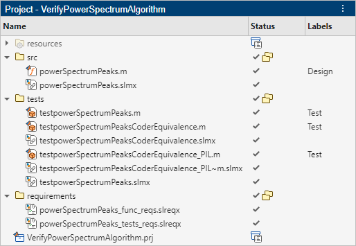 The Project pane, showing the files and folders in the VerifyPowerSpectrumAlgorithm project