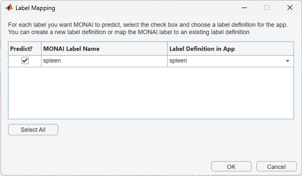Label Mapping dialog box, showing mapping between the spleen label from the segmentation spleen MONAI Label model and the existing spleen label definition.