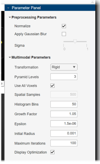 Parameter panel with values to select for multimodal registration