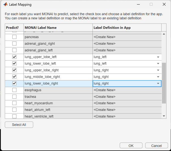 Medical Image Labeler window showing the updated segmentation model results after mapping the lung lobe models to a unified label definition for each full lung.