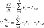 $$\begin{array}{l} \frac{{dV}}{{dt }} = \sum\limits_{i = 1}^3 {{F _i}} - {F _{out}} \\ V\frac{{d{c _j}}}{{dt }} = \sum\limits_{i = 1}^3 {{c _{ij}} {F _i}} - {c _j} {F _{out}} \end{array}$$