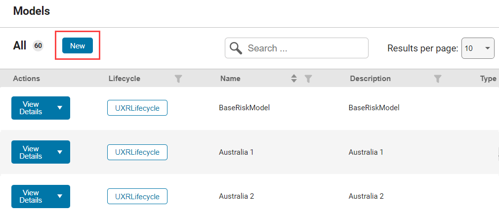 Models page, showing New button highlighted