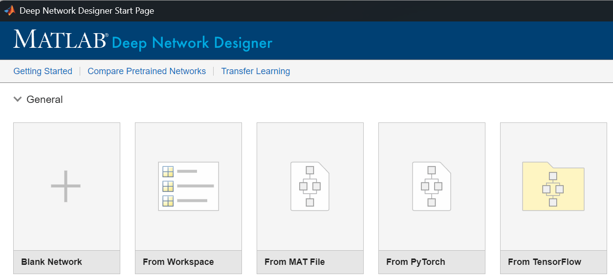 Screenshot of Deep Network Designer Start Page showing icons for Blank Network, From Workspace, From MAT File, From PyTorch, and From TensorFlow.