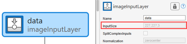 Image input layer selected in the Designer pane, showing the InputSize property of 227,227,3.