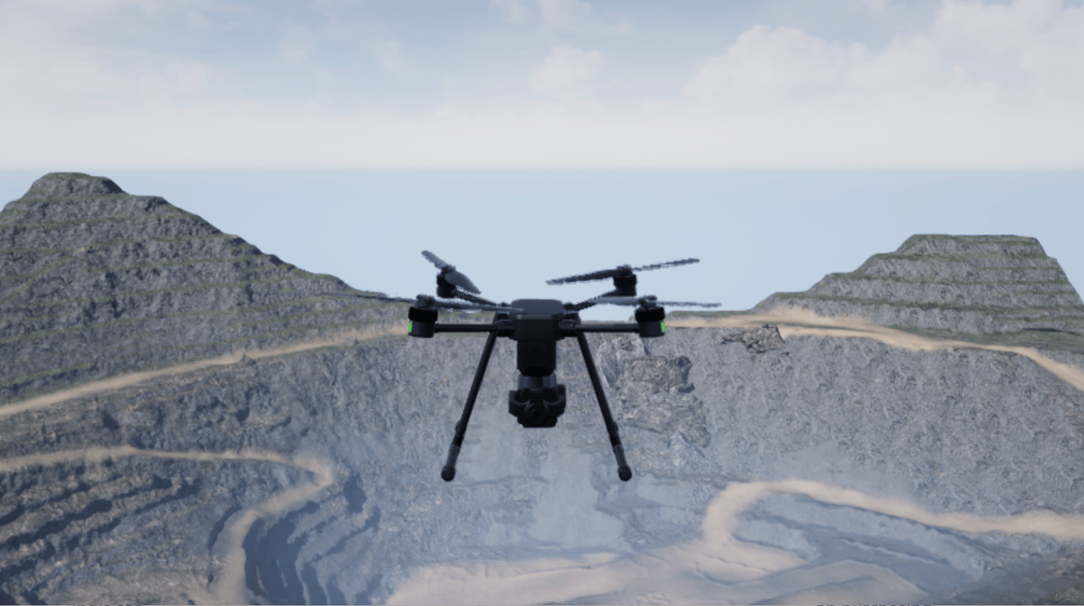 UAV surveying pit mine with lidar in Unreal Engine scene.