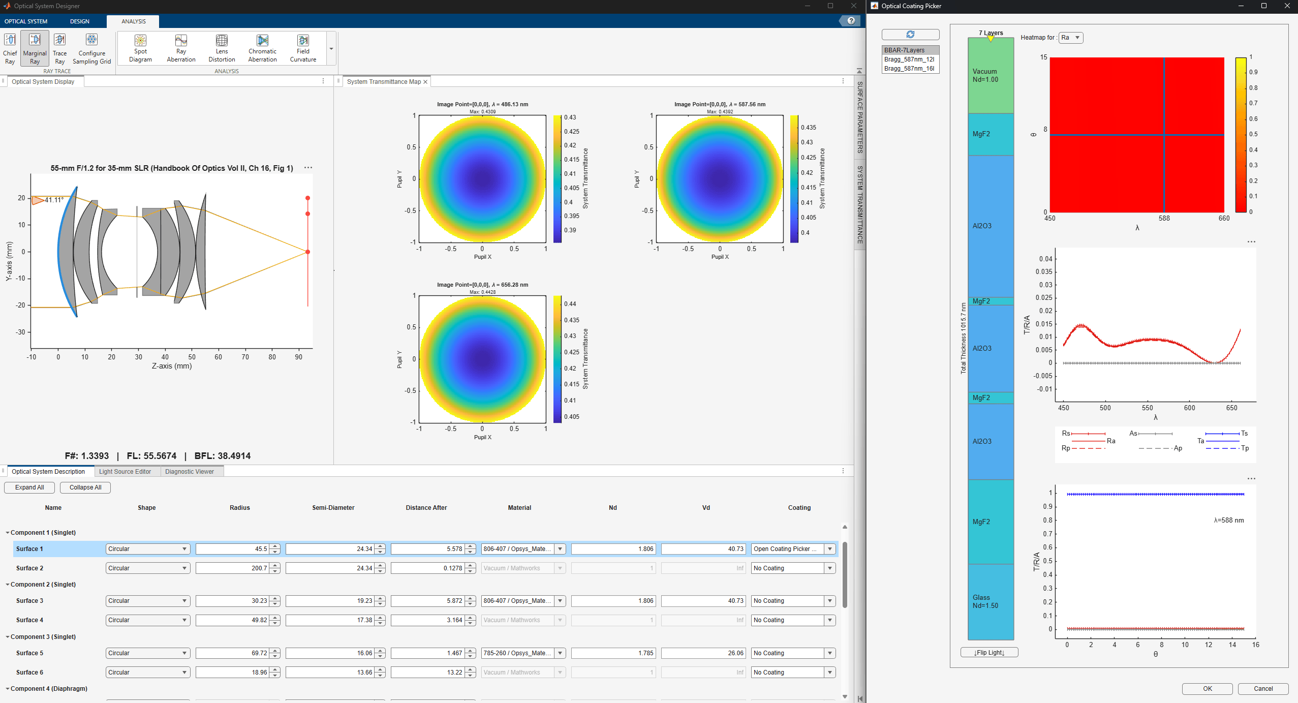 Coating dropdown menu with Open Optical Coating Picker option
