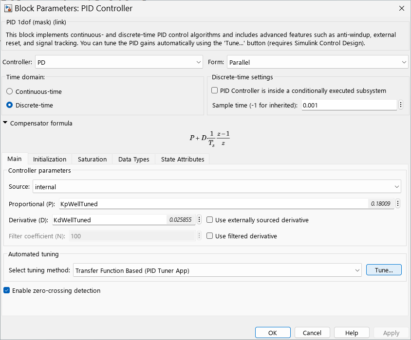 PID Controller block dialog box showing the Tune button for launching the PID Tuner app