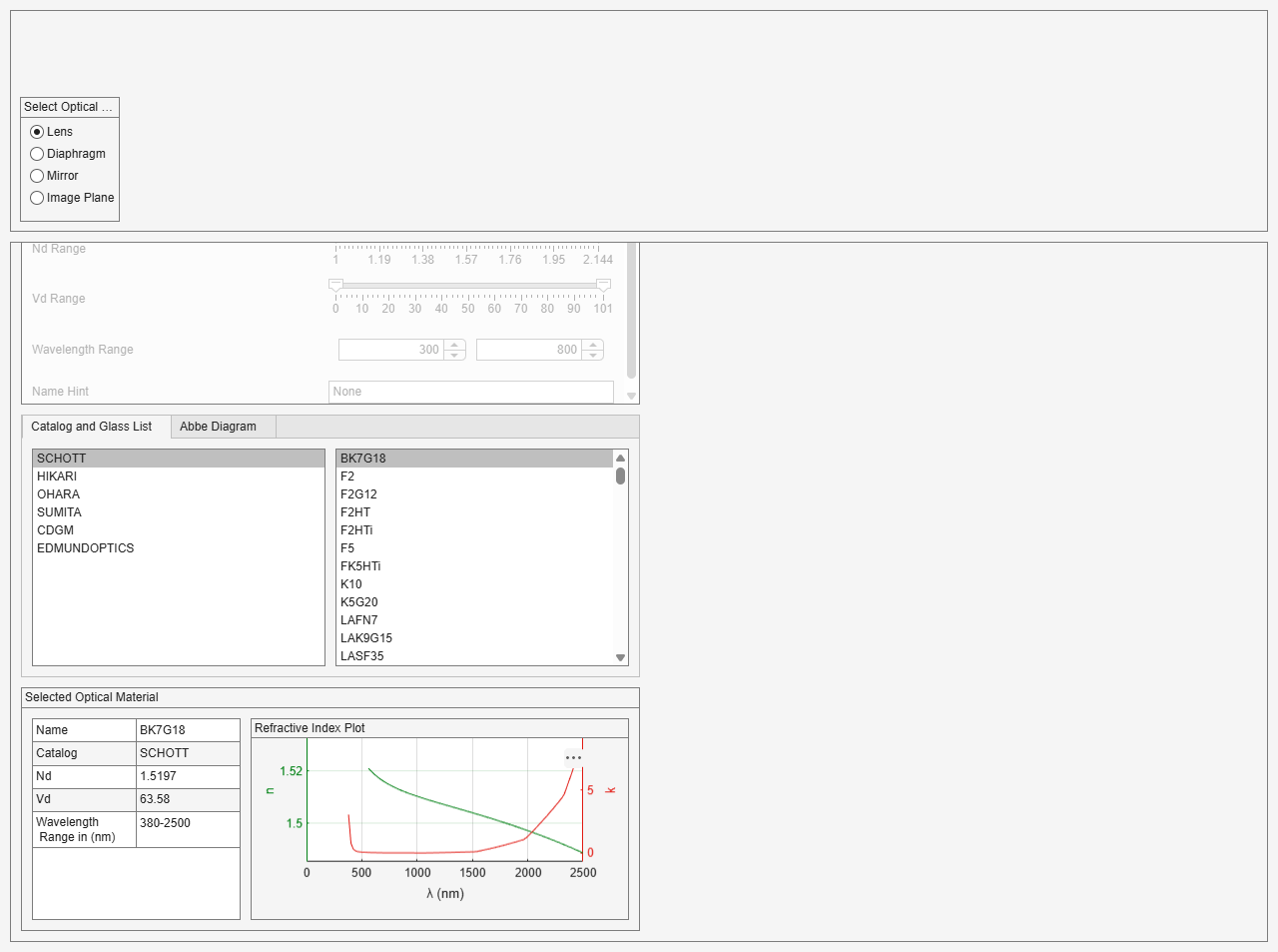 Figure My Optical Design Tool contains an object of type uigridlayout.