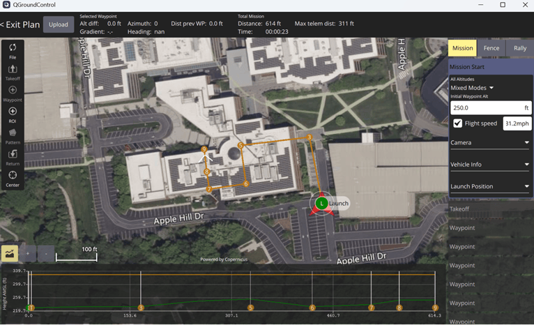 QGroundControl Plan Flight view with uploaded mission