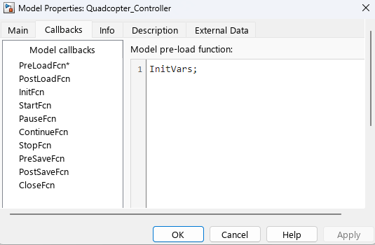 Callbacks tab of model properties. PreLoadFcn is set to InitVars.