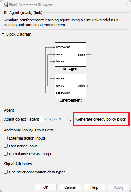 RL Agent block parameters dialog with Generate greedy policy block button highlighted