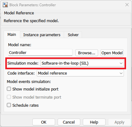 Controller block parameters dialog with Simulation mode set to Software-in-the-loop (SIL)