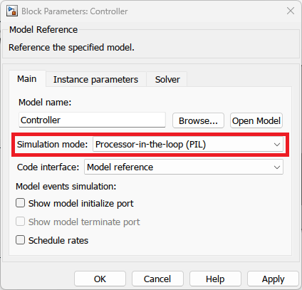 Controller block parameters dialog with Simulation mode set to Processor-in-the-loop (PIL)