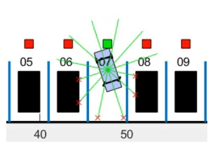 Ego vehicle with 12 radial green lidar lines extending outward, with red markers where rays intersect parked vehicles