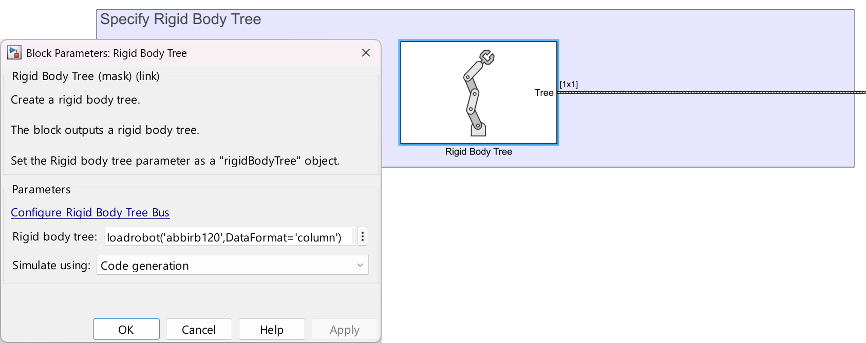 Rigid Body Tree block mask open with the rigid body tree set using a loadrobot function call.