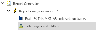 Outline in left pane displaying "Title Page - <No Title>" beneath the "Eval - %This MATLAB code sets up two va..." component