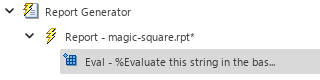 Outline in left pane displaying "Eval - %Evaluate this string in the bas..." beneath the magic squares report.