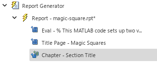 Outline in left pane displaying "Chapter - Section Title" beneath "Title Page - Magic Squares" component