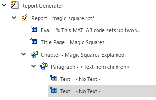Outline in left pane displaying "Paragraph - <No Text>" beneath "Chapter - Magic Squares Explained" and two "Text - <No Text>" components beneath the "Paragraph - <Text from children>" component.