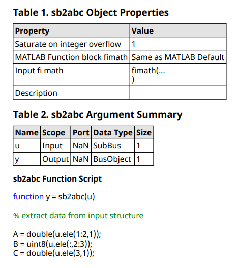 Snippet of report output showing the object properties table, the argument summary, and a portion of the function script.